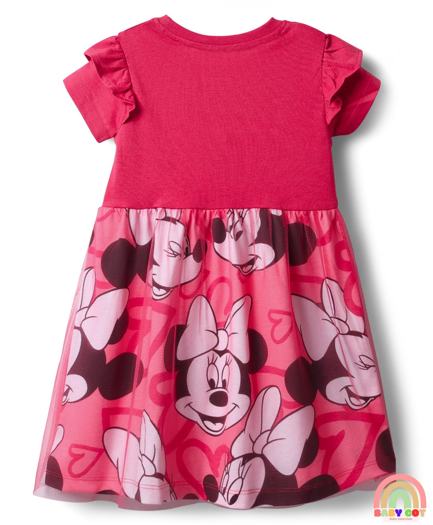 Single Jersey Knit Half Sleeves Frock With Minnie Mouse Graphics & Frill Detailing - Dark Pink