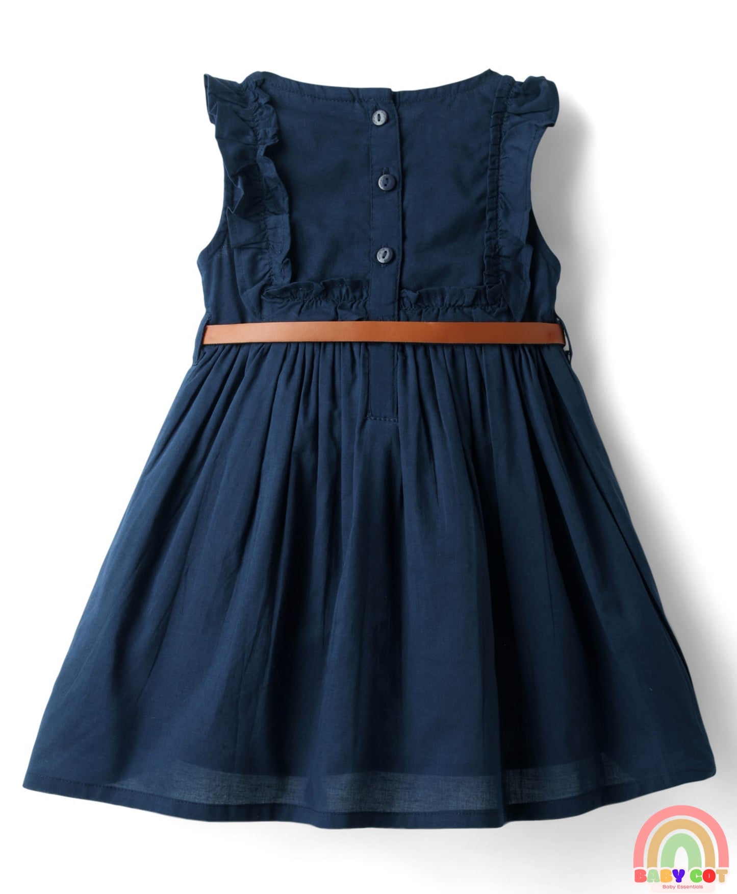Cotton Woven Sleeveless Solid Frock With Belt - Navy Blue