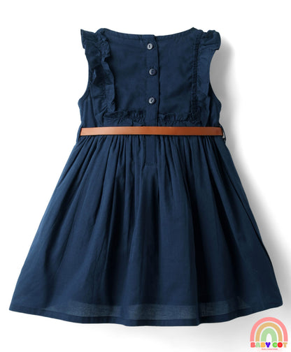 Cotton Woven Sleeveless Solid Frock With Belt - Navy Blue