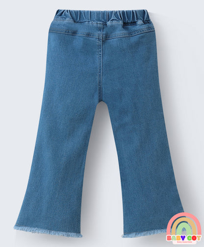 Full Length Washed Bootcut Denim Jeans with Bow Applique - Blue