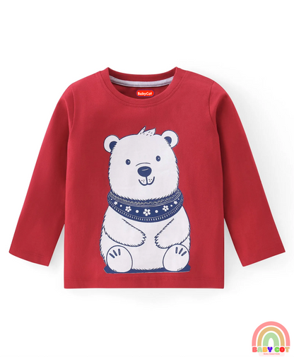 Cotton Knit Full Sleeves Striped Text & Bear Printed T-Shirts Pack of 3 - Red Yellow & Navy Blue