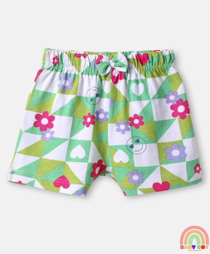 Cotton Knit Mid Thigh Length Shorts with Floral & Smiley Print & Bow Applique Pack of 3 - White Green & Lavender
