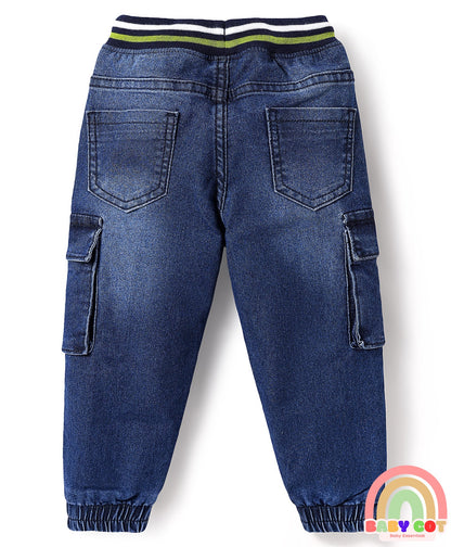 Full Length Washed Denim Jeans with Stretch & Patch Detailing - Blue