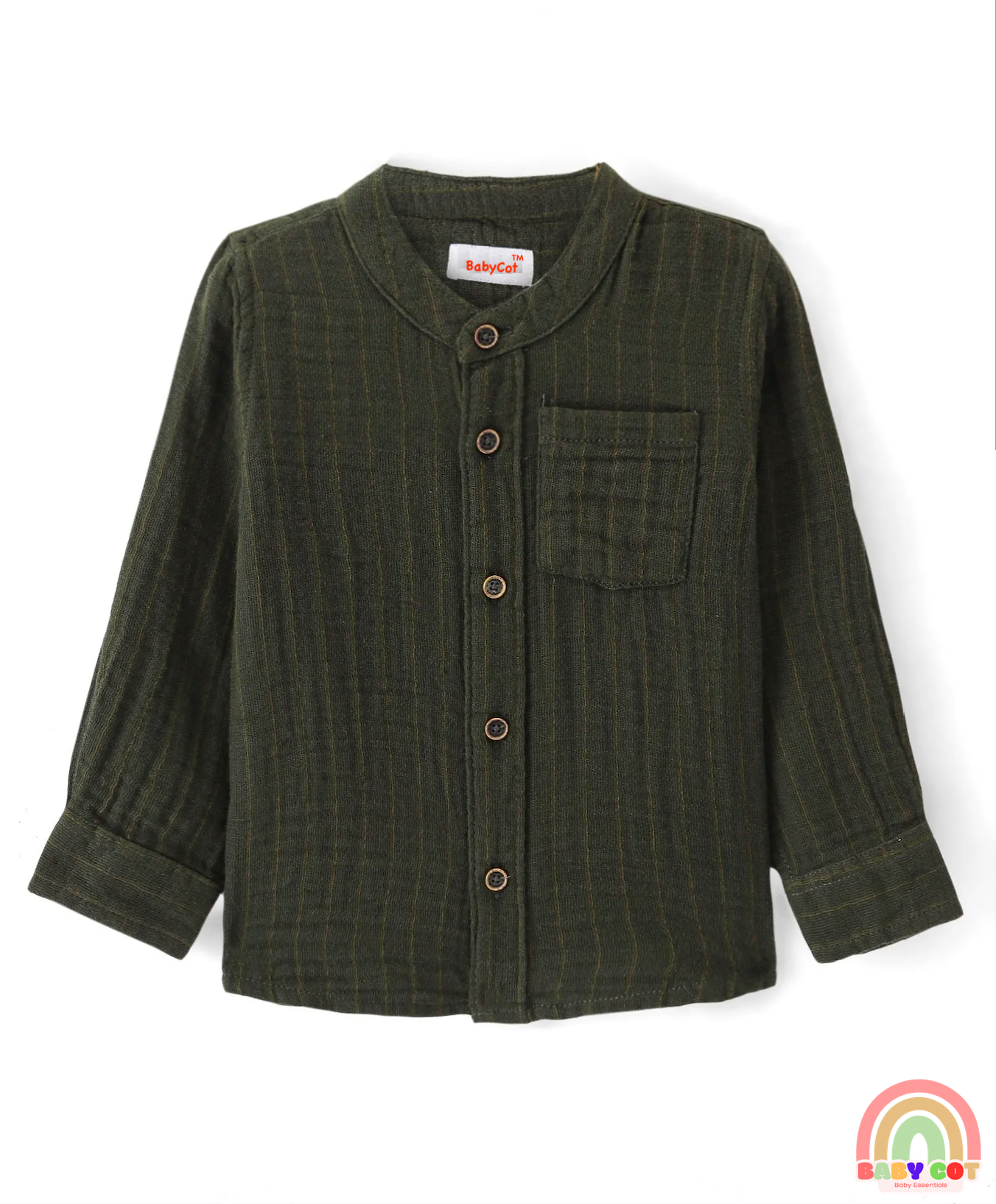 Cotton Woven Full Sleeves Mandarin Collar Solid Colour Shirt - Olive Green