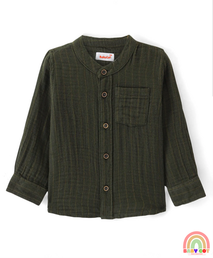 Cotton Woven Full Sleeves Mandarin Collar Solid Colour Shirt - Olive Green