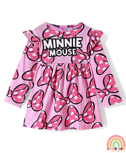 Single Jersey Knit Full Sleeves Frocks With Minnie Mouse Graphics & Frill Detailing Pack of 2 - Pink & Navy Blue