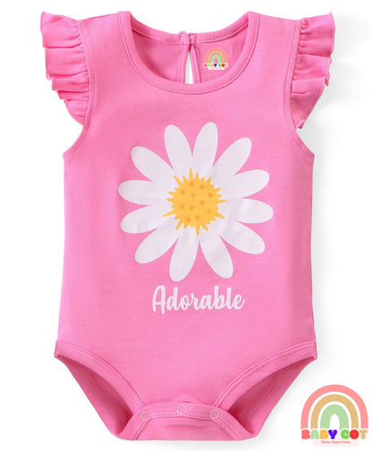 100% Cotton Knit Frill Sleeves Onesies with Floral & Polka Dots Print Pack of 3 - Pink Yellow & Purple