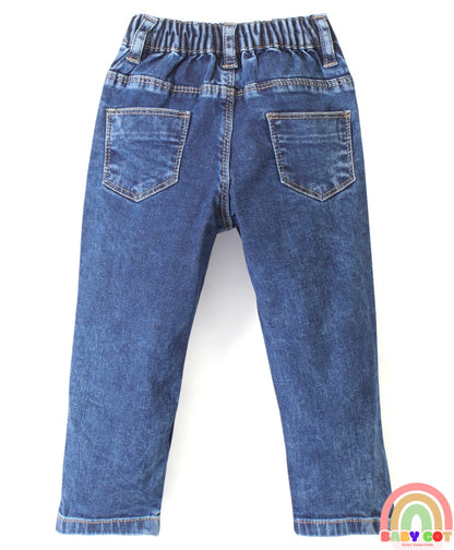 Denim Washed Full Length Stretchable Jeans With Floral Embroidery - Blue