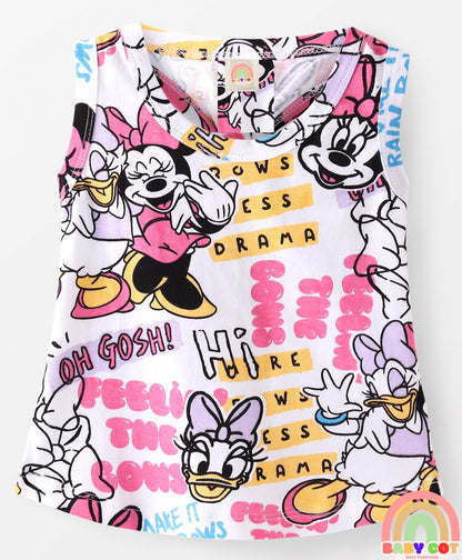 Cotton Knit Sleeveless Top & Shorts Set With Minnie Mouse Graphics & Knot Detailing - Multicolor