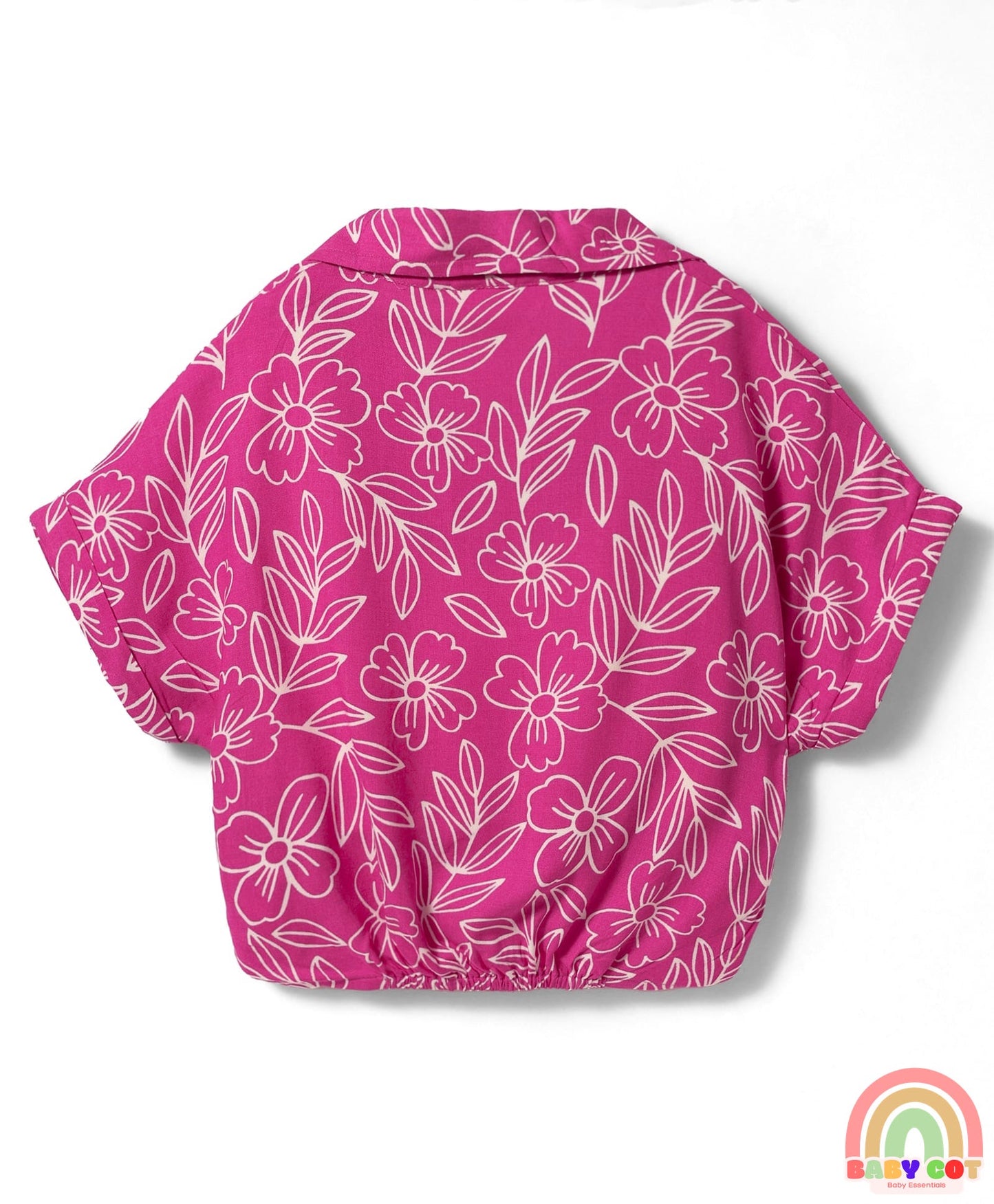 Woven Half Sleeves Knotted Top with Floral Print - Dark Pink