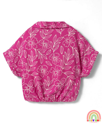 Woven Half Sleeves Knotted Top with Floral Print - Dark Pink