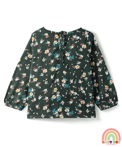 Rayon Woven Full Sleeves Top With Floral Print & Lace Detailing - Dark Green