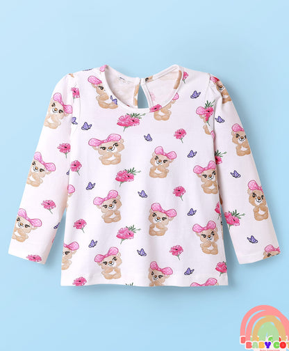 Cotton Knit Full Sleeves T-Shirts With Bear & Polka Dot Print Pack of 3 - Pink & Maroon