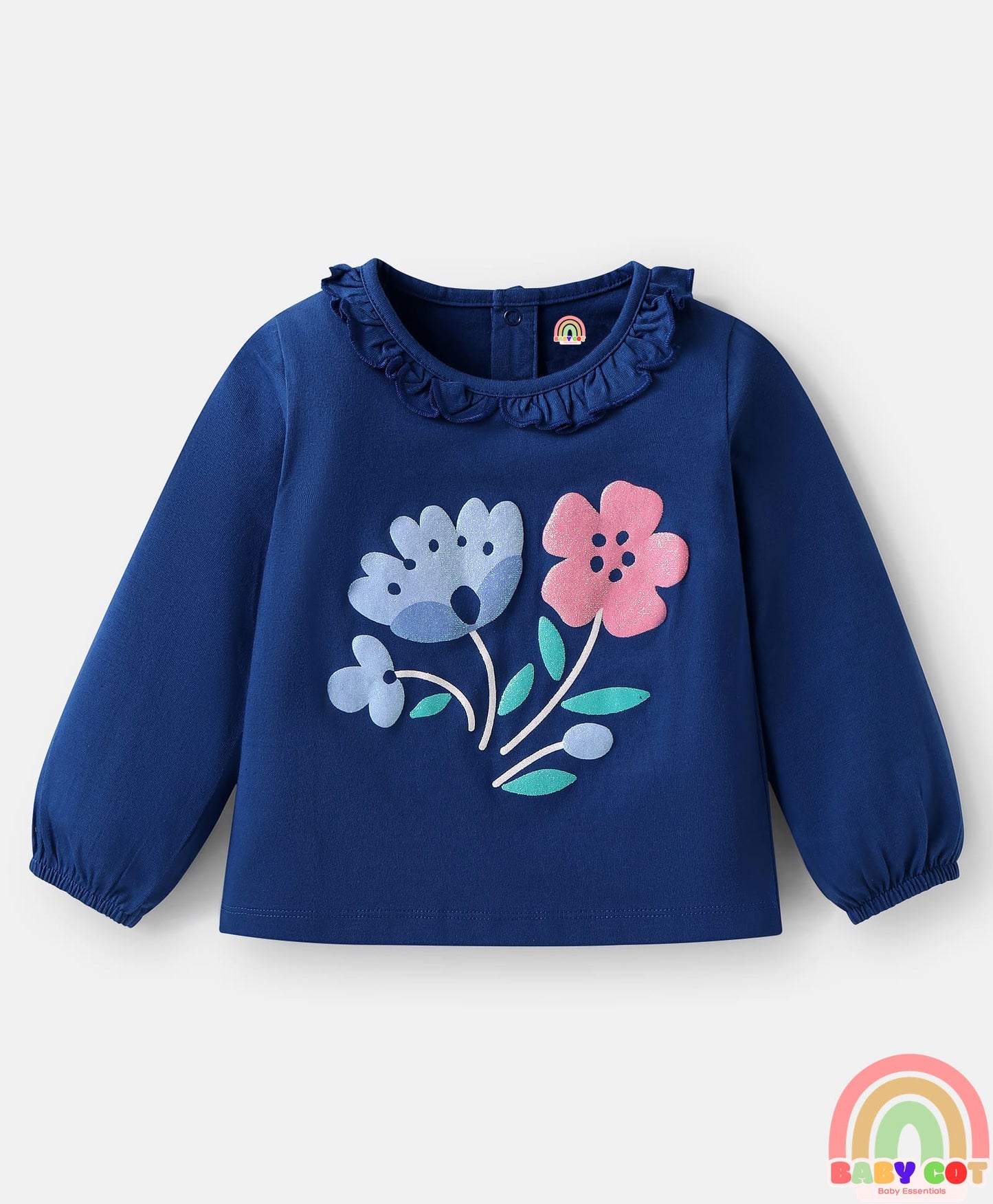 Single Jersey Knit Full Peasant Sleeves Top & Leggings with Floral Print - Navy Blue & White