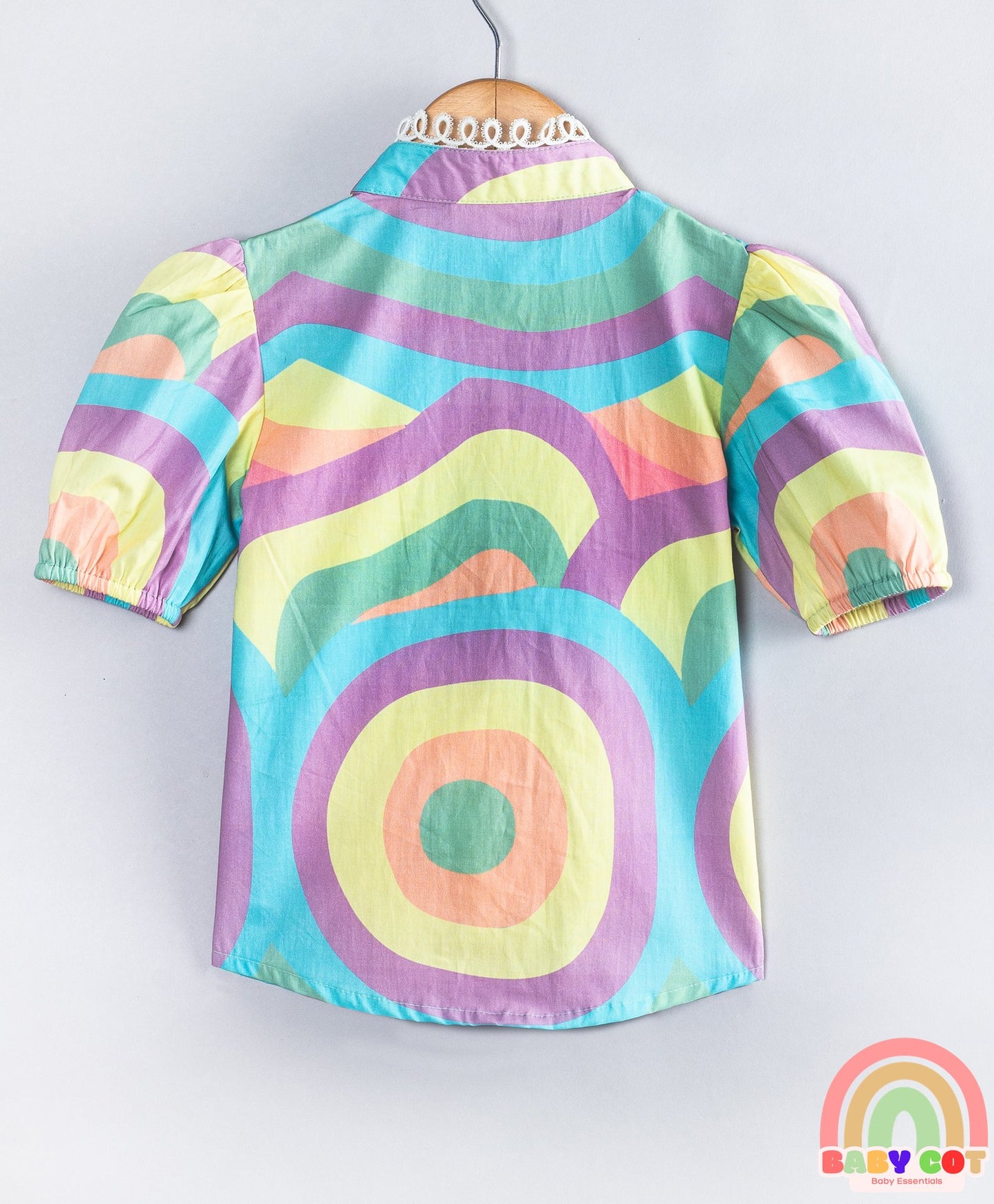 Cotton Woven Half Puffed Sleeves Abstract Printed Lace Detailed Shirt Style Top - Multi Colour