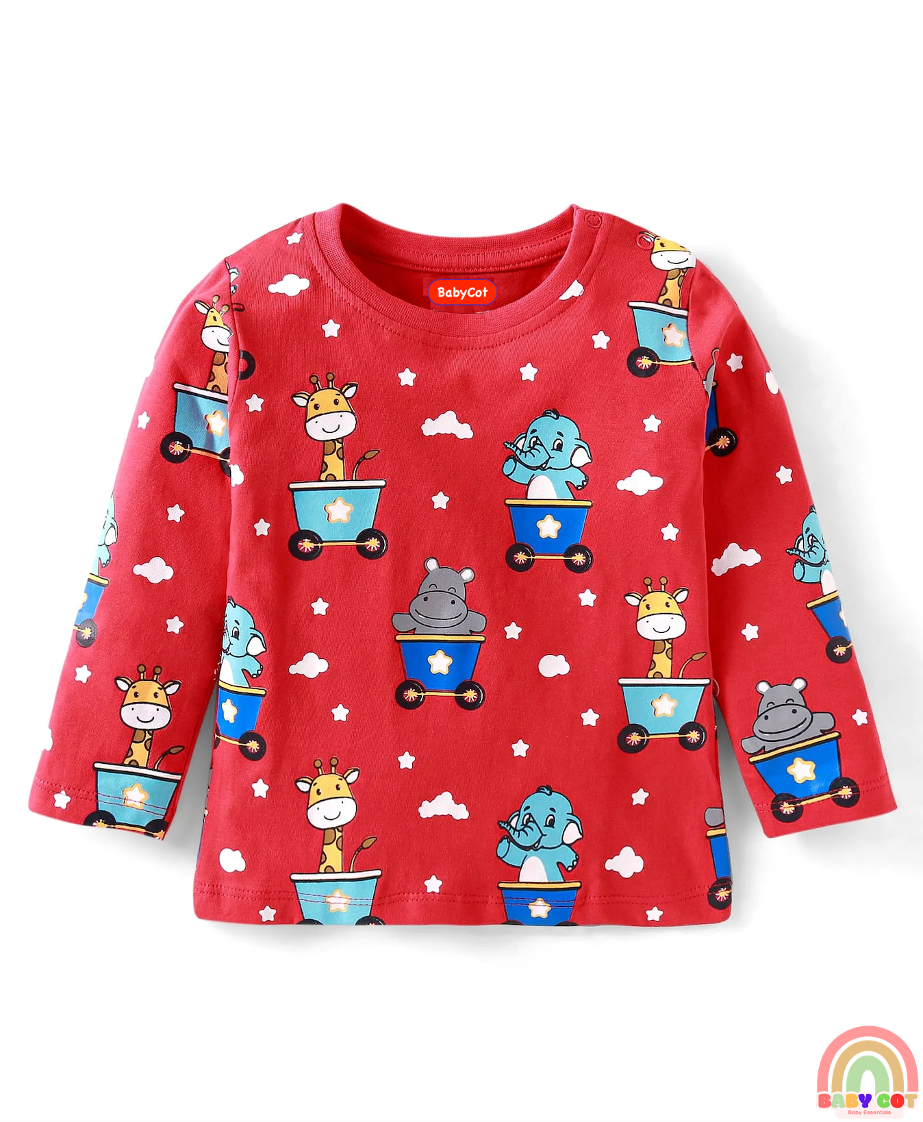 Cotton Knit Full Sleeves T-Shirts with Animal Print Pack of 2 - Red & Blue