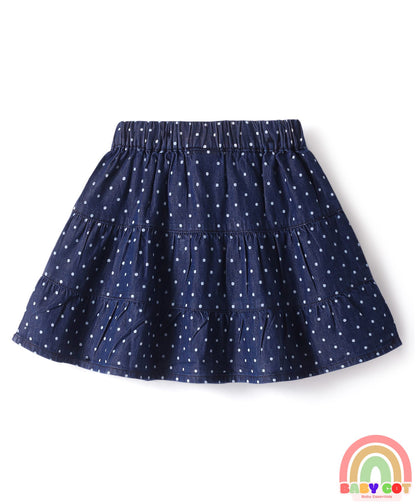 Denim Skirt with Polka Dots & Bow Applique - Navy Blue