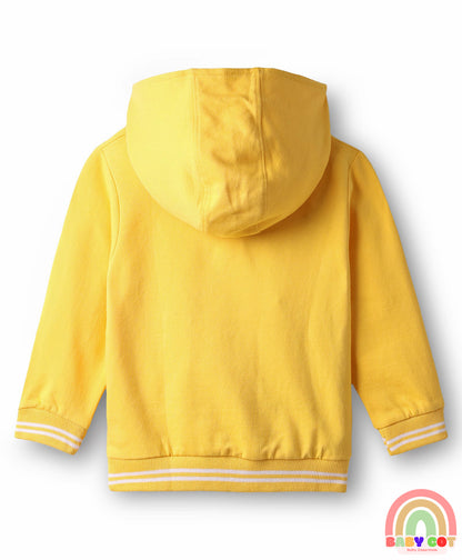 Cotton Knit Full Sleeves Hooded Sweatshirt with Tiger Print & Kangaroo Pocket - Yellow