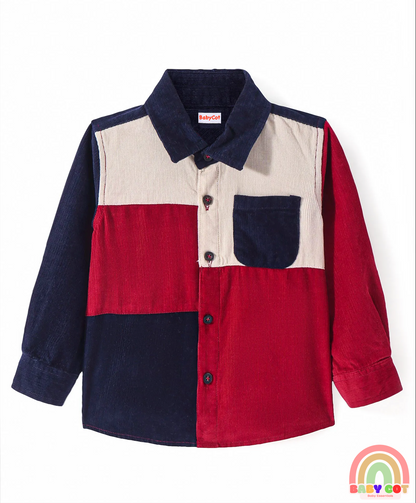 Cotton Woven Full Sleeves Corduroy Shirt With Cut & Sew Design - Dark Red