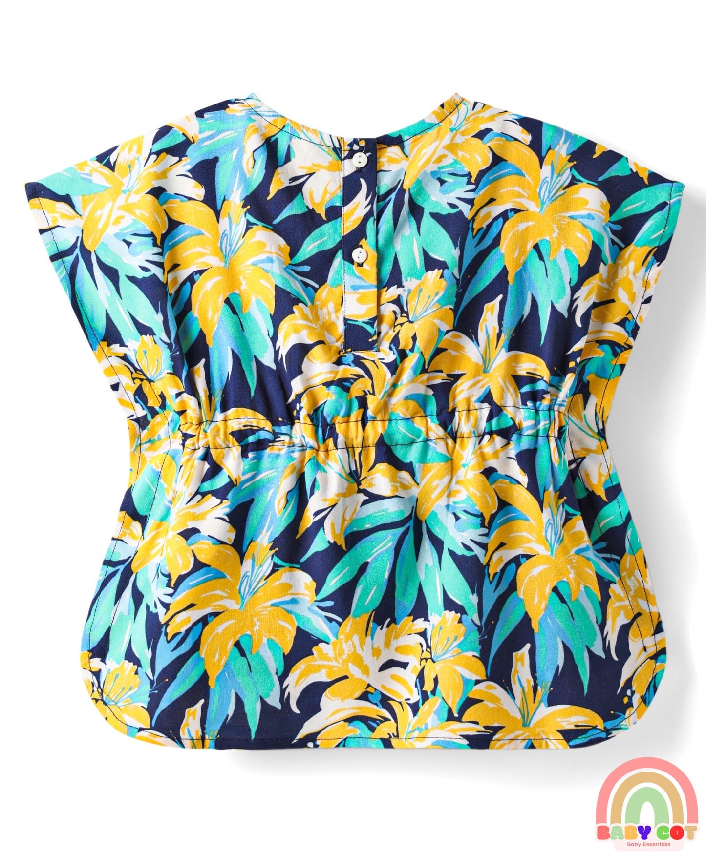 Rayon Woven Half Sleeves Kaftan Top with Leaves Print - Navy Blue