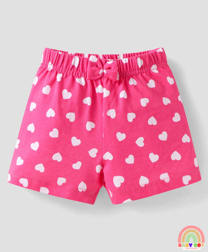 Single Jersey Knit Mid Thigh Bow Applique Shorts with Polka Dots & Hearts Print Pack of 3 - Pink Yellow & Purple