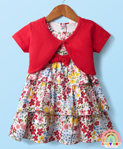 Cotton Knit Half Sleeves Shrug With Floral Printed Layered Frock with Bow Applique - Red