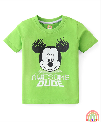 Cotton Knit Half Sleeves T-Shirt & Shorts Set With Cartoon Print - Green & Blue