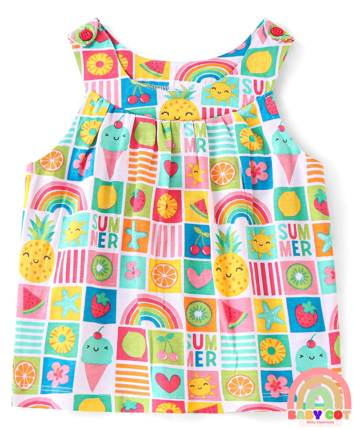 100% Cotton Knit Sleeveless Top & Shorts Set with Fruit Print - Multicolor