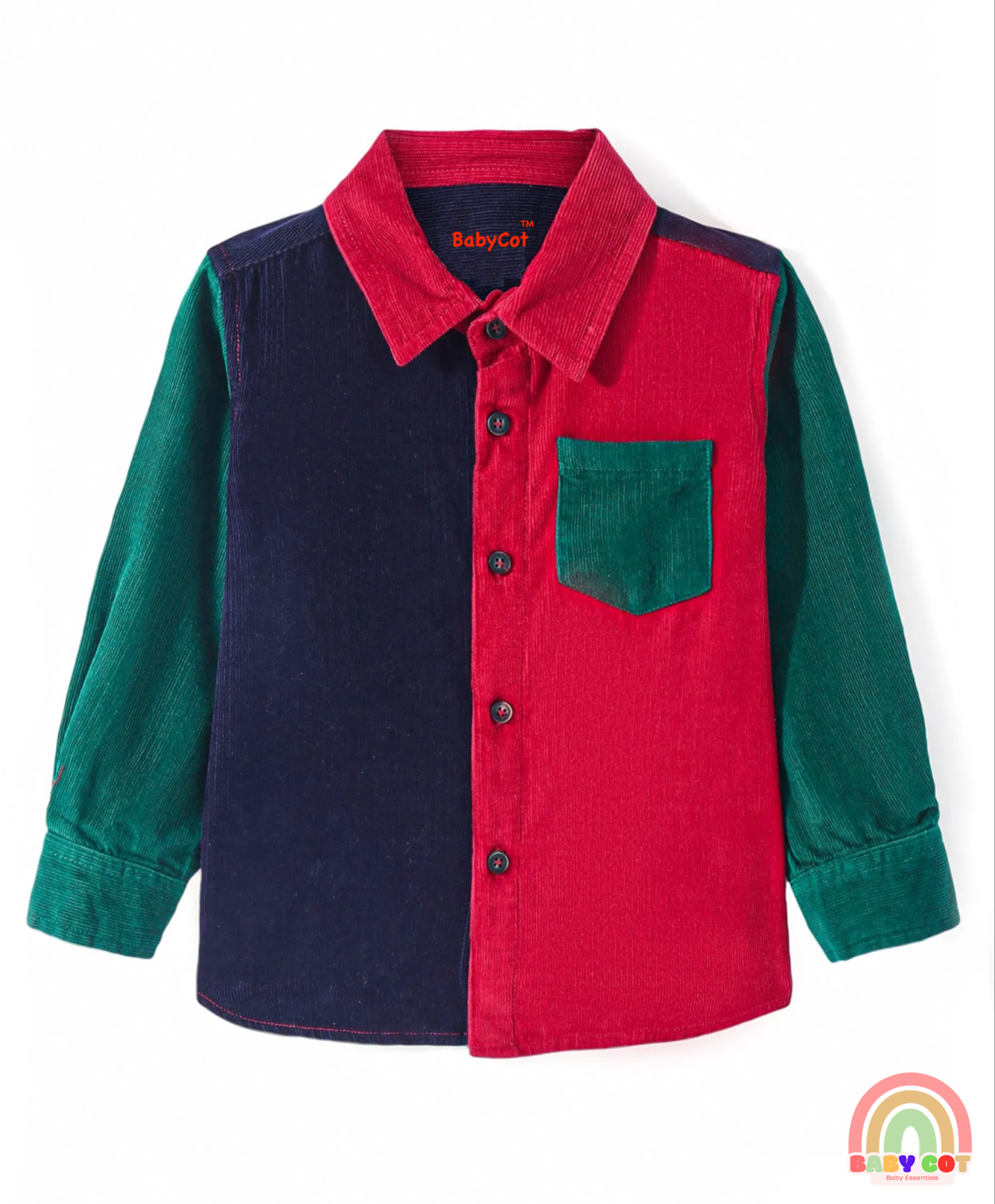 Full Sleeves Color Blocked Corduroy Shirt - Red Navy & Green