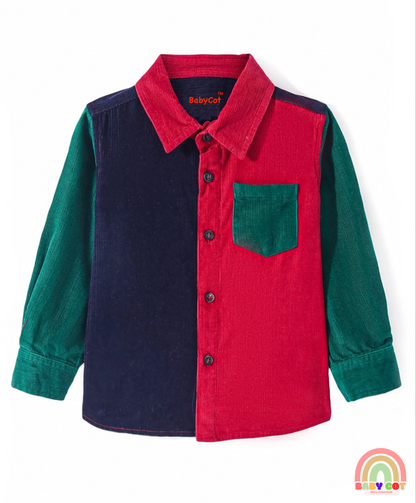 Full Sleeves Color Blocked Corduroy Shirt - Red Navy & Green