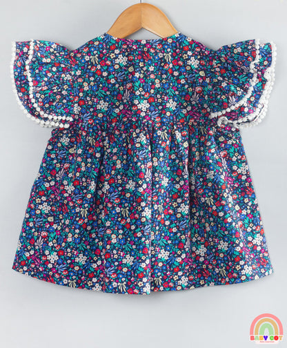 Cotton Woven Frill Sleeves Floral Printed Top - Navy Blue