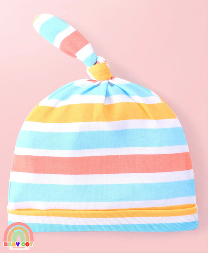 100% Cotton Interlock Knit Striped & Printed Caps with Knot Detailing - Pack of 2 - White & Blue