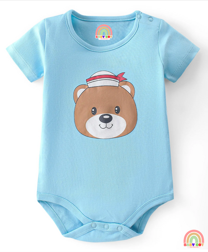 100% Cotton Knit Half Sleeves Striped & Bear Printed Onesies Pack of 3 - Multicolour