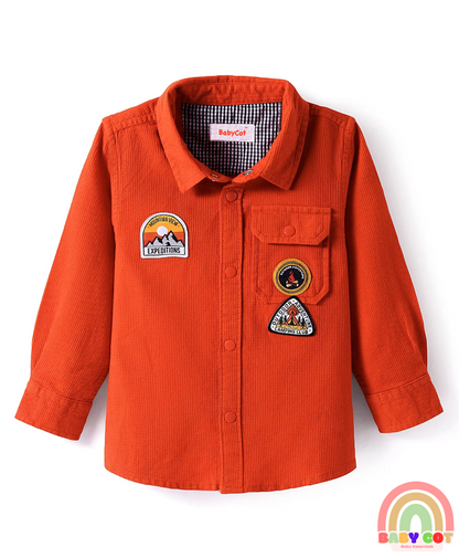 Cotton Woven Full Sleeves Shirt with Text Patch Detailing - Coral