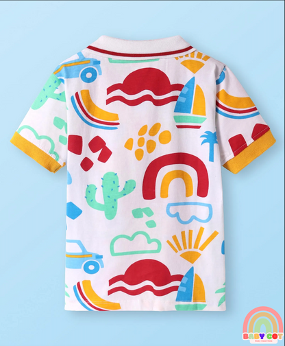 Cotton Knit Half Sleeves Nautical Printed Polo T-Shirt - White