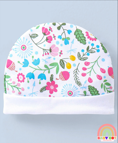 100% Cotton Cap Mitten & Booties Floral Print White- Diameter 11 CM