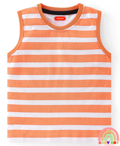 100% Cotton Knit Sleeveless T-Shirt Stripes & Bear Graphics Pack Of 3 - Multicolor