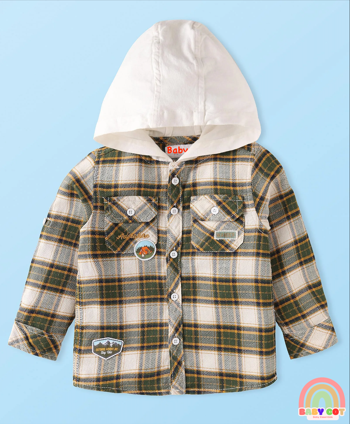 Cotton Woven Full Sleeves Checkered Shirt with Hood - Olive Green