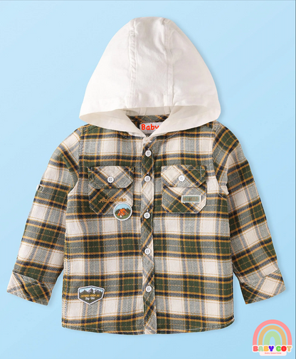 Cotton Woven Full Sleeves Checkered Shirt with Hood - Olive Green