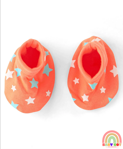 100% Cotton Knit Star Printed Cap Mittens & Booties Set- Orange