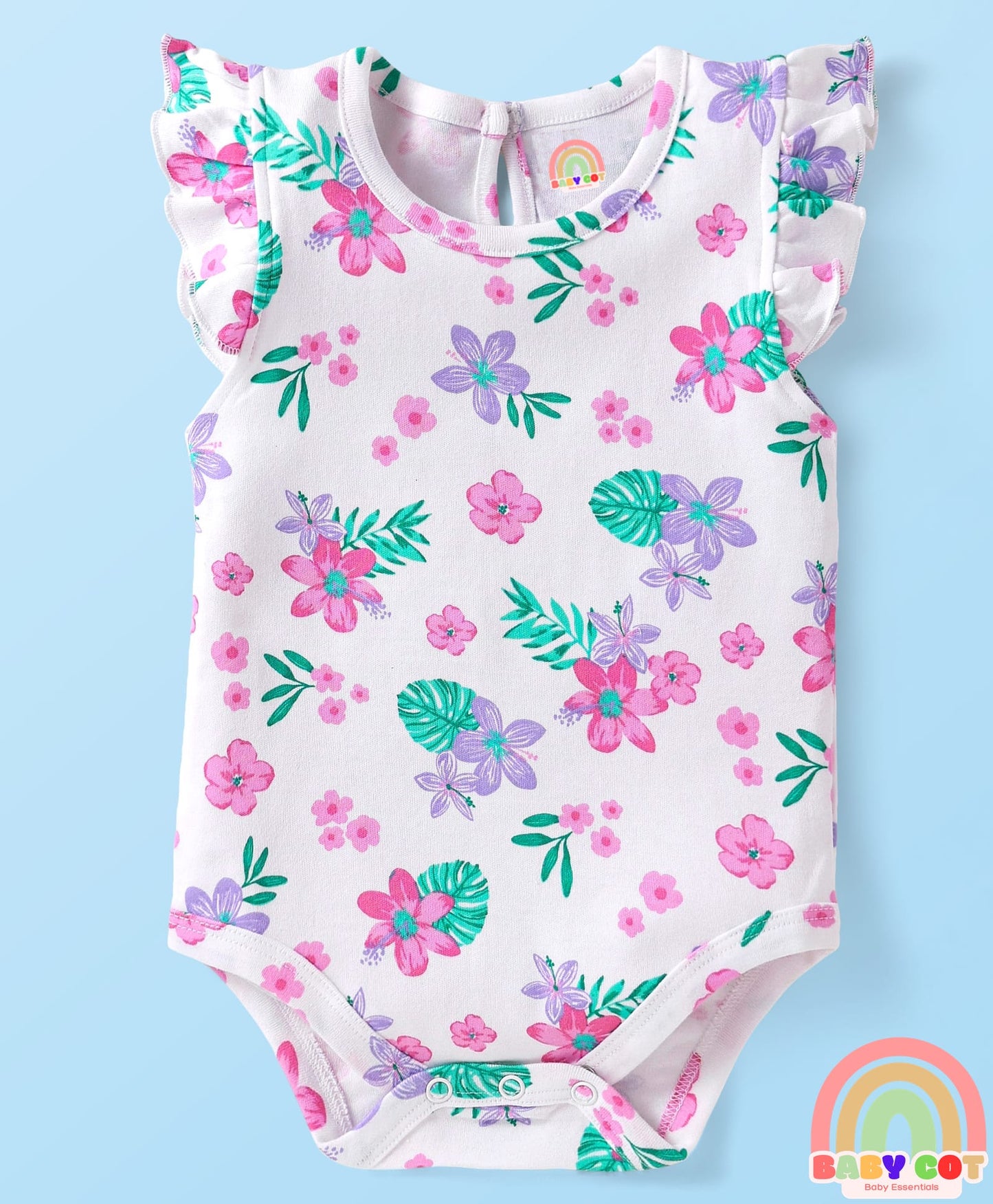 100% Cotton Knit Half Sleeves Floral Printed Onesie with Hairband & Mittens Booties - White