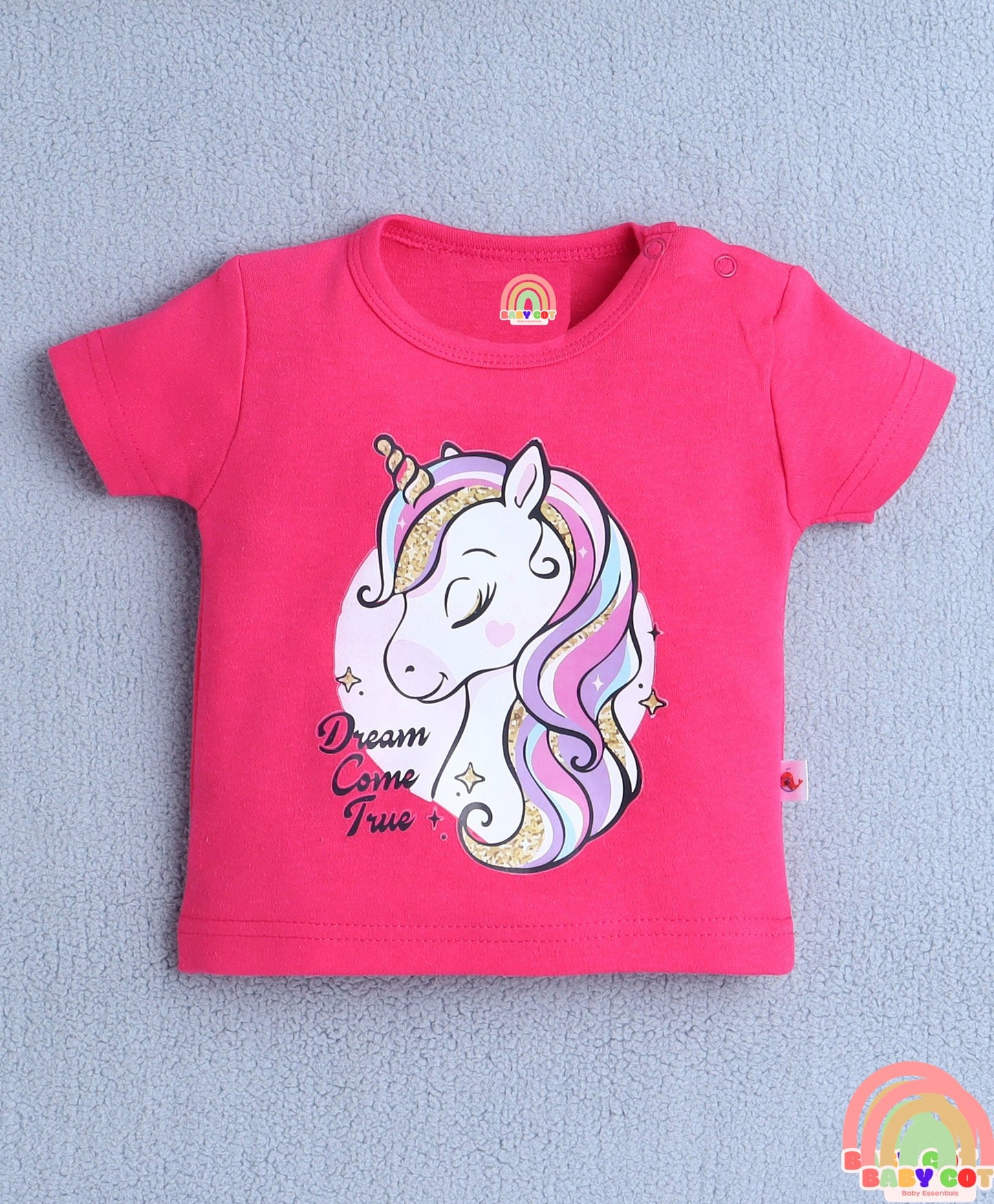 Cotton Knit Half Sleeves Unicorn Printed Tee & Shorts Set - Pink