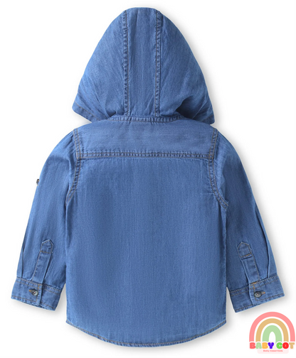 Woven Full Sleeves Washed Hooded Denim Shirt - Blue