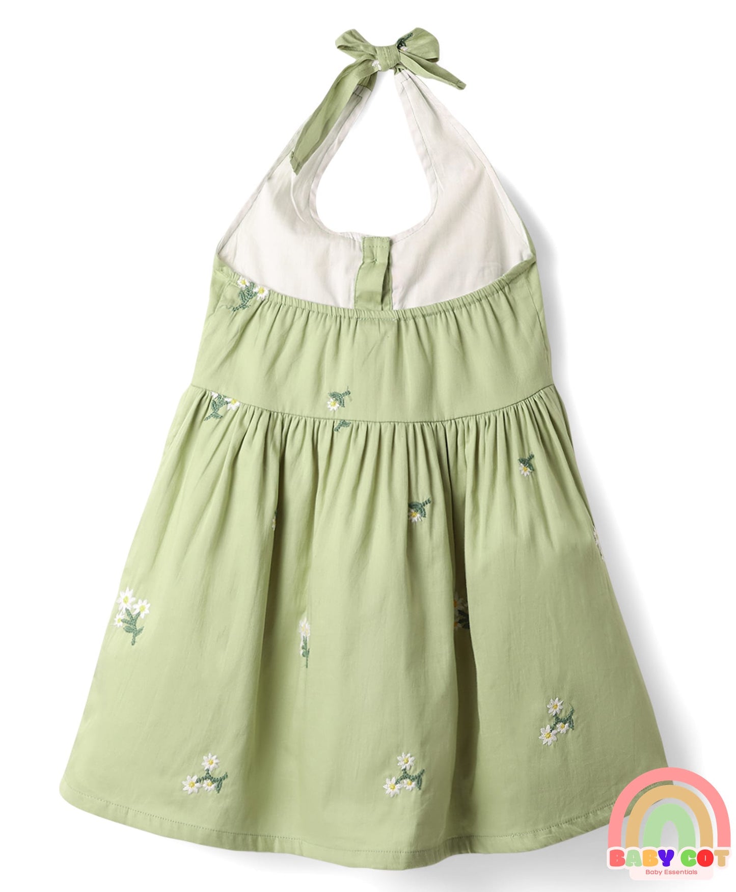 Cotton Woven Sleeveless Halter Neck Frock with Floral Embroidery - Green