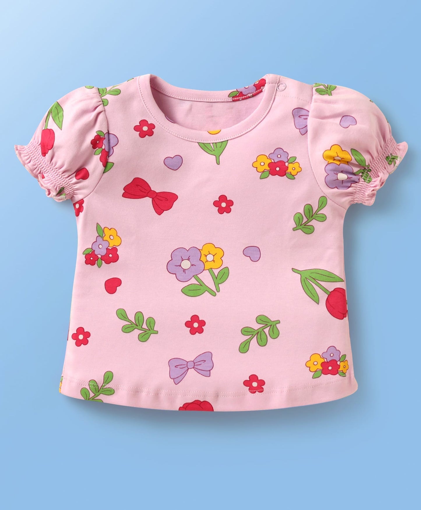 100% Cotton Knit With Eco Jiva Finish Half Puffed Sleeves T-Shirts with Floral Print & Bow Applique Pack of 2 - Yellow & Pink