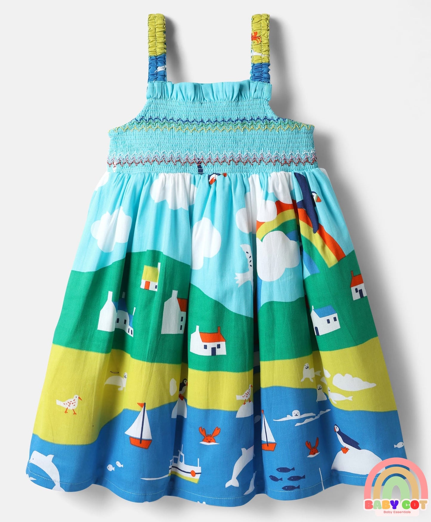 Cotton Woven Sleeveless Frock With Bird Print - Multicolor