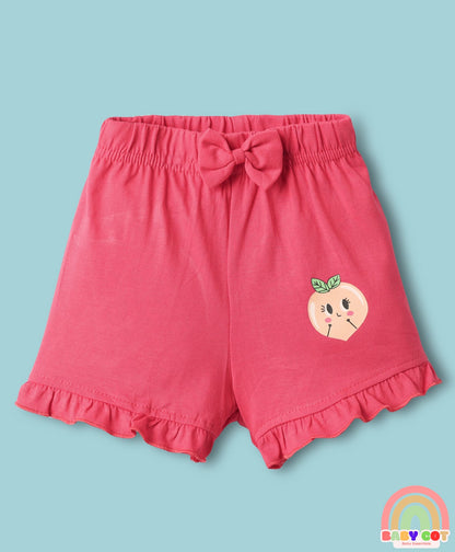 Knee Length Shorts With Checks Strawberry Print & Bow Applique Pack Of 3 - Pink White & Peach