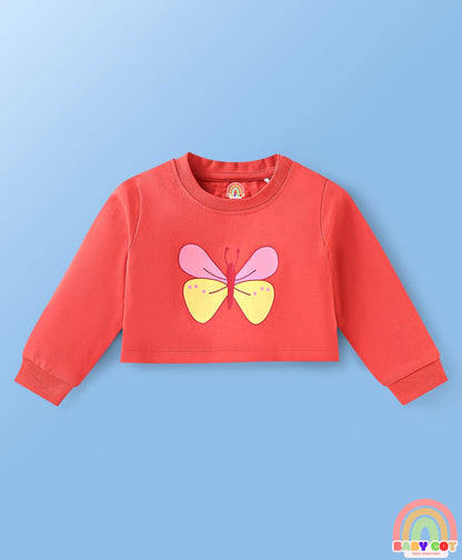 Full Sleeves Butterfly Printed T-Shirt & Lounge Pant Set With Inner Top - Red