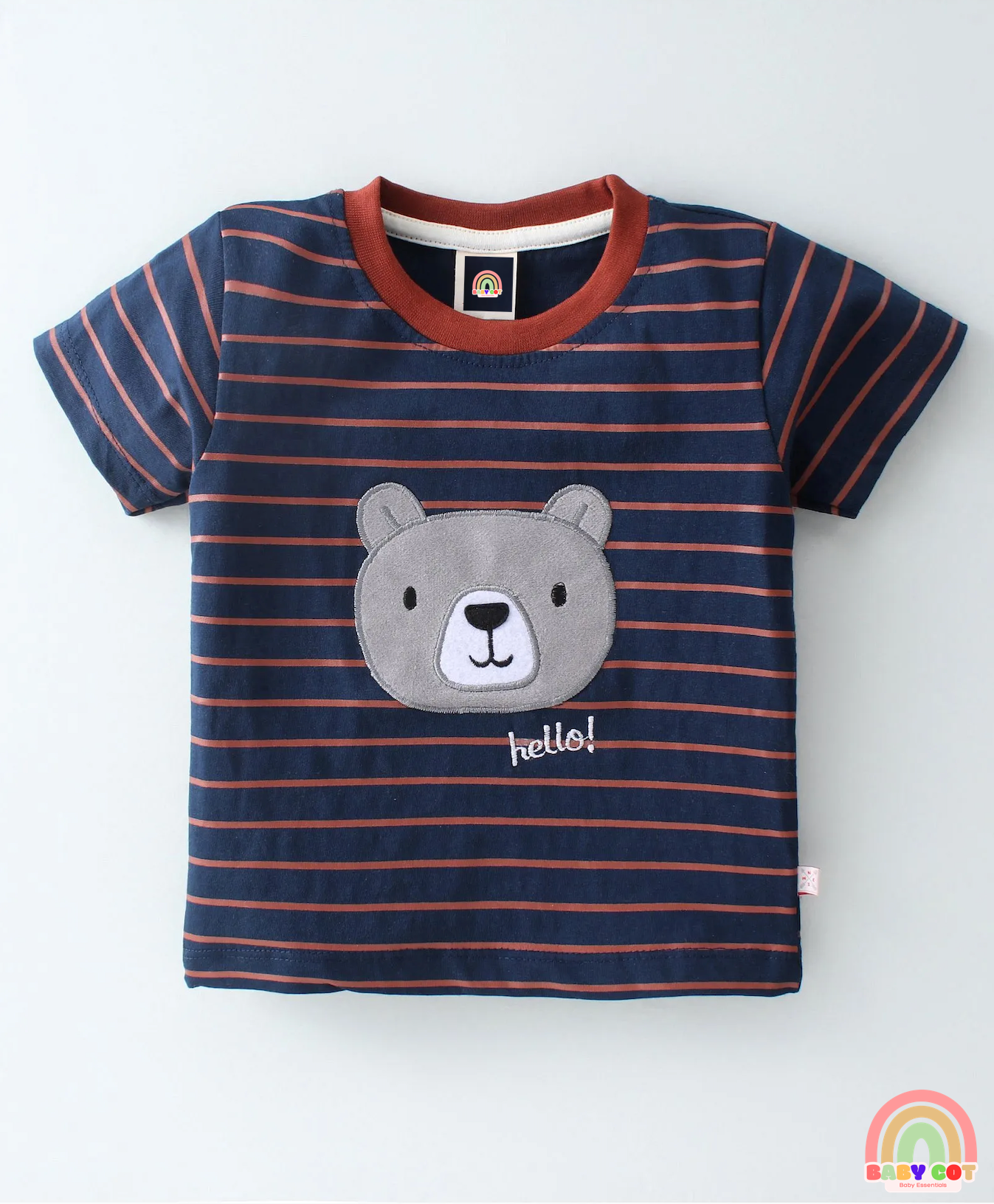 100% Cotton Half Sleeves Striped T-Shirt and Shorts Set Teddy Patch - Navy Blue