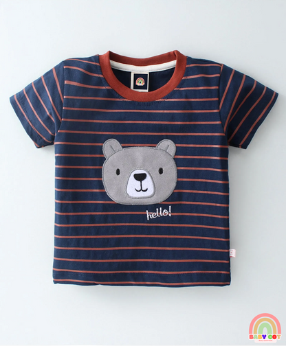 100% Cotton Half Sleeves Striped T-Shirt and Shorts Set Teddy Patch - Navy Blue